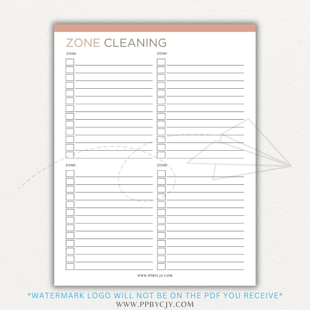 Zone Cleaning Checklist Printable PDF Template for organized home cleaning.