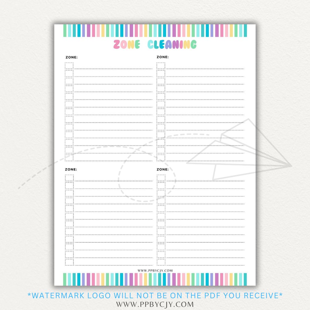 Zone Cleaning Checklist Printable PDF Template for organized home cleaning.
