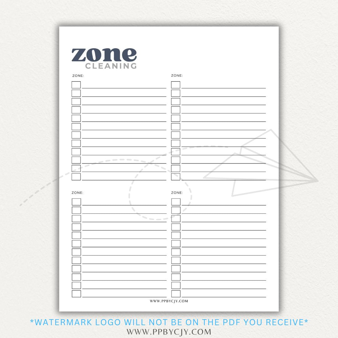 Zone Cleaning Checklist Printable PDF Template for organized home cleaning.