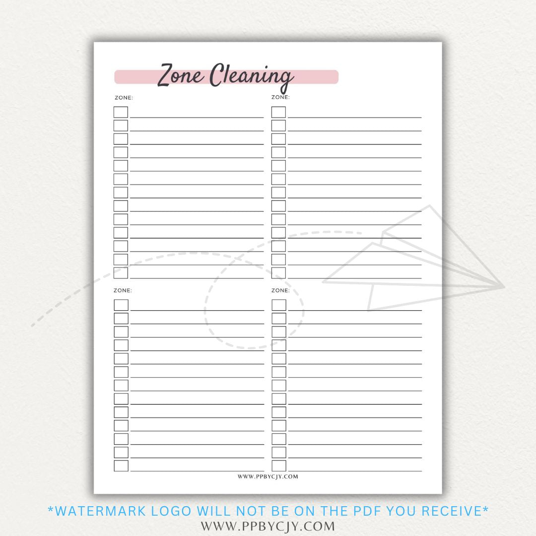 Zone Cleaning Checklist Printable PDF Template for organized home cleaning.