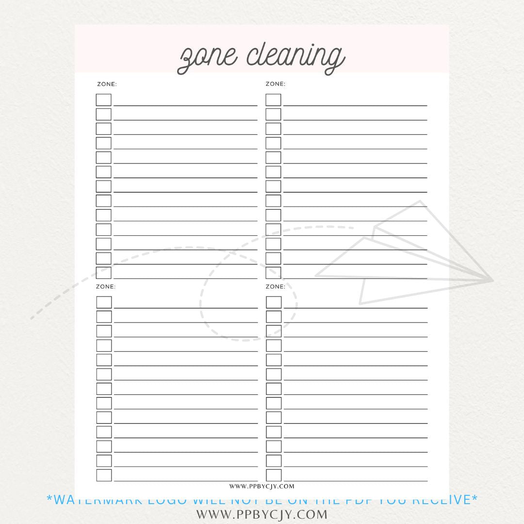 Zone Cleaning Checklist Printable PDF Template for organized home cleaning.