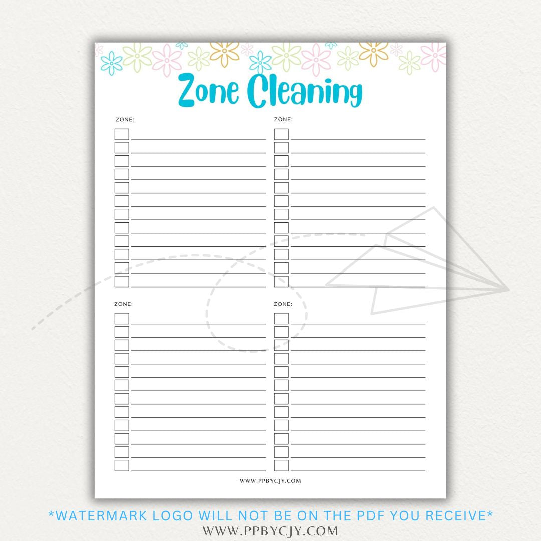 Zone Cleaning Checklist Printable PDF Template for organized home cleaning.