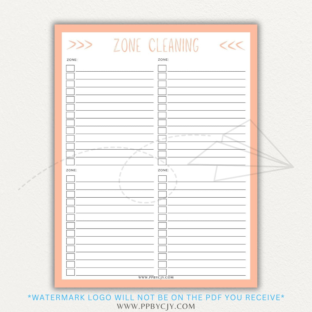 Zone Cleaning Checklist Printable PDF Template for organized home cleaning.
