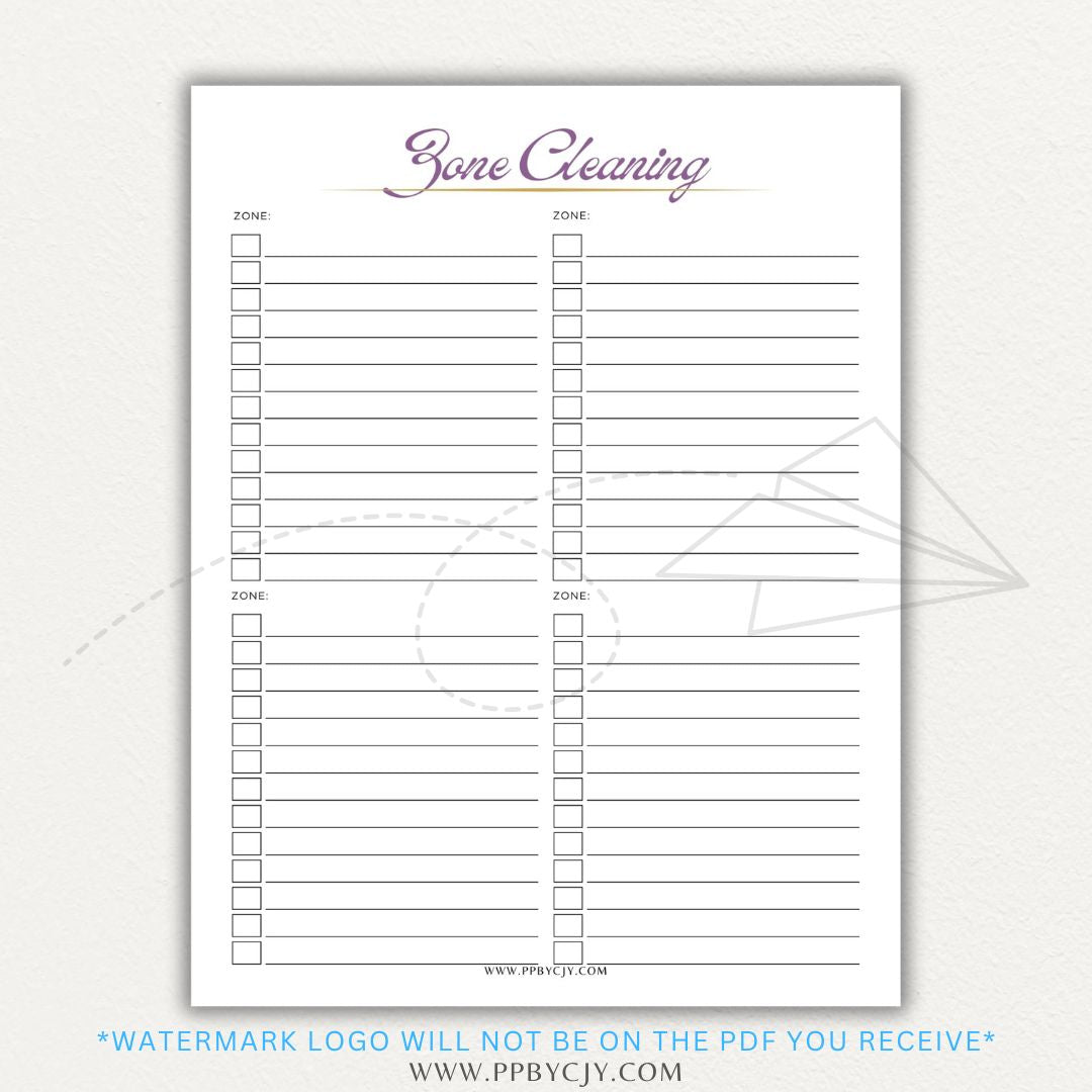 Zone Cleaning Checklist Printable PDF Template for organized home cleaning.