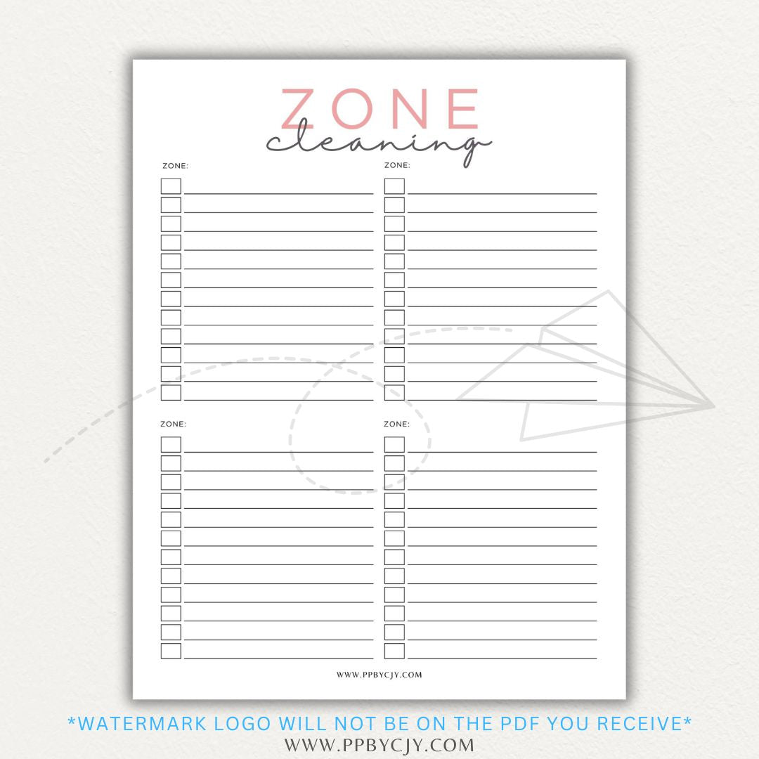 Zone Cleaning Checklist Printable PDF Template for organized home cleaning.