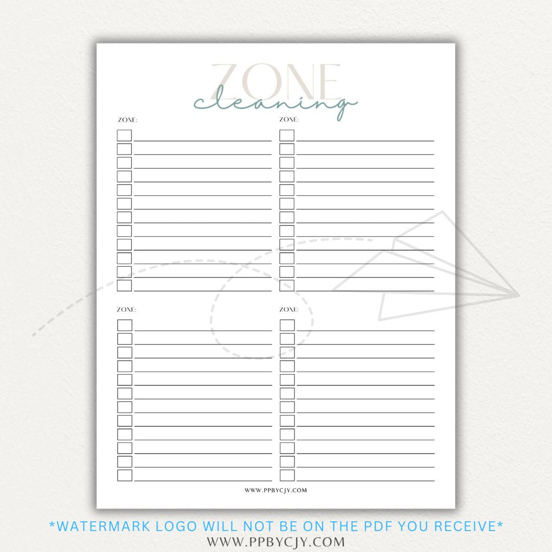 Zone Cleaning Checklist Printable PDF Template for organized home cleaning.