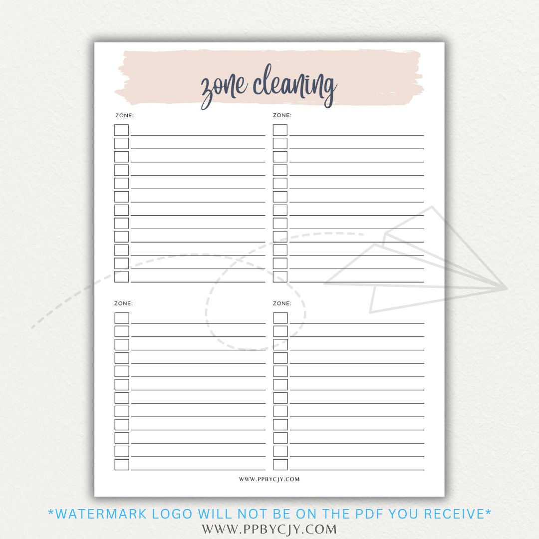 Zone Cleaning Checklist Printable PDF Template for organized home cleaning.