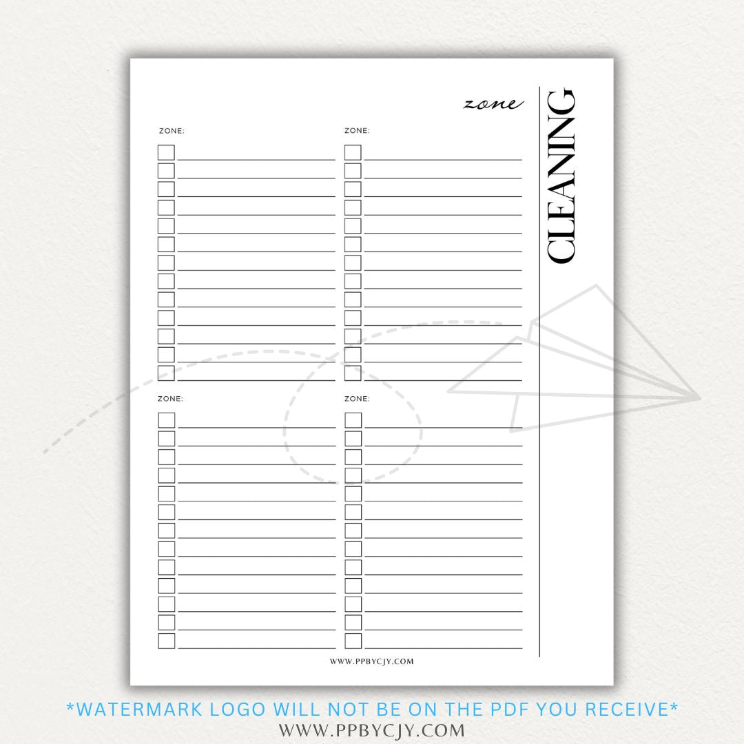 Zone Cleaning Checklist Printable PDF Template for organized home cleaning.