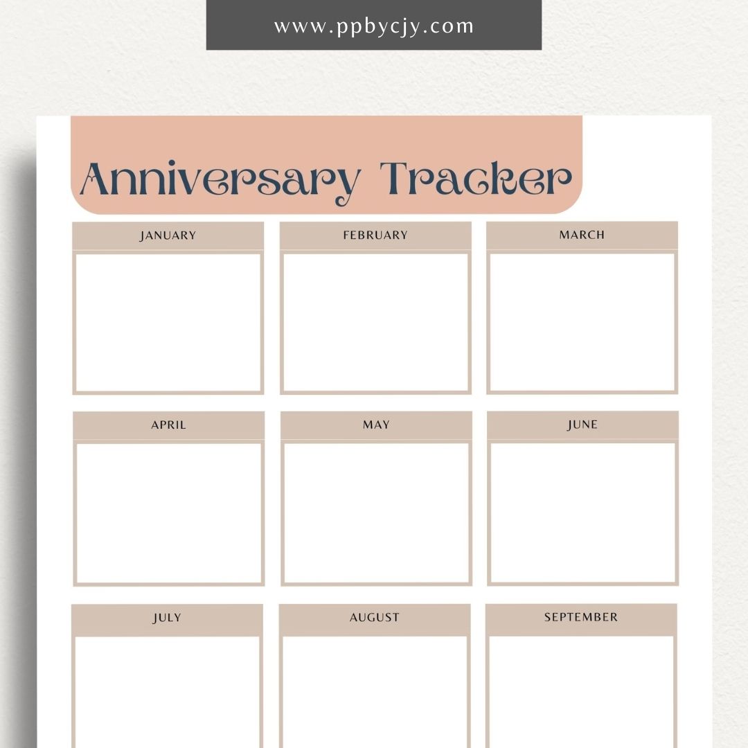 Anniversary Tracker Printable Template – Digital download for recording and remembering important anniversaries, including dates, names, and gift ideas or plans