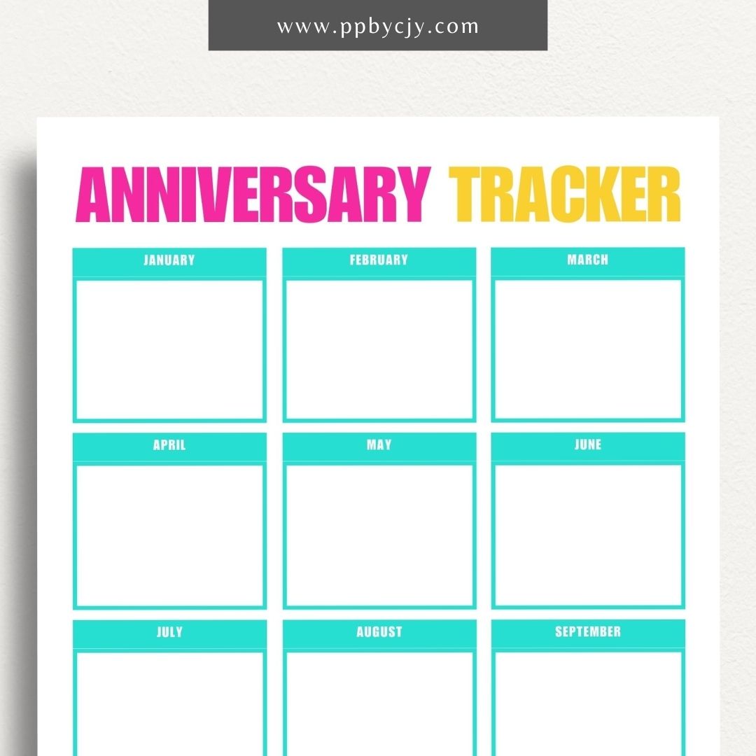 Anniversary Tracker Printable Template – Digital download for recording and remembering important anniversaries, including dates, names, and gift ideas or plans