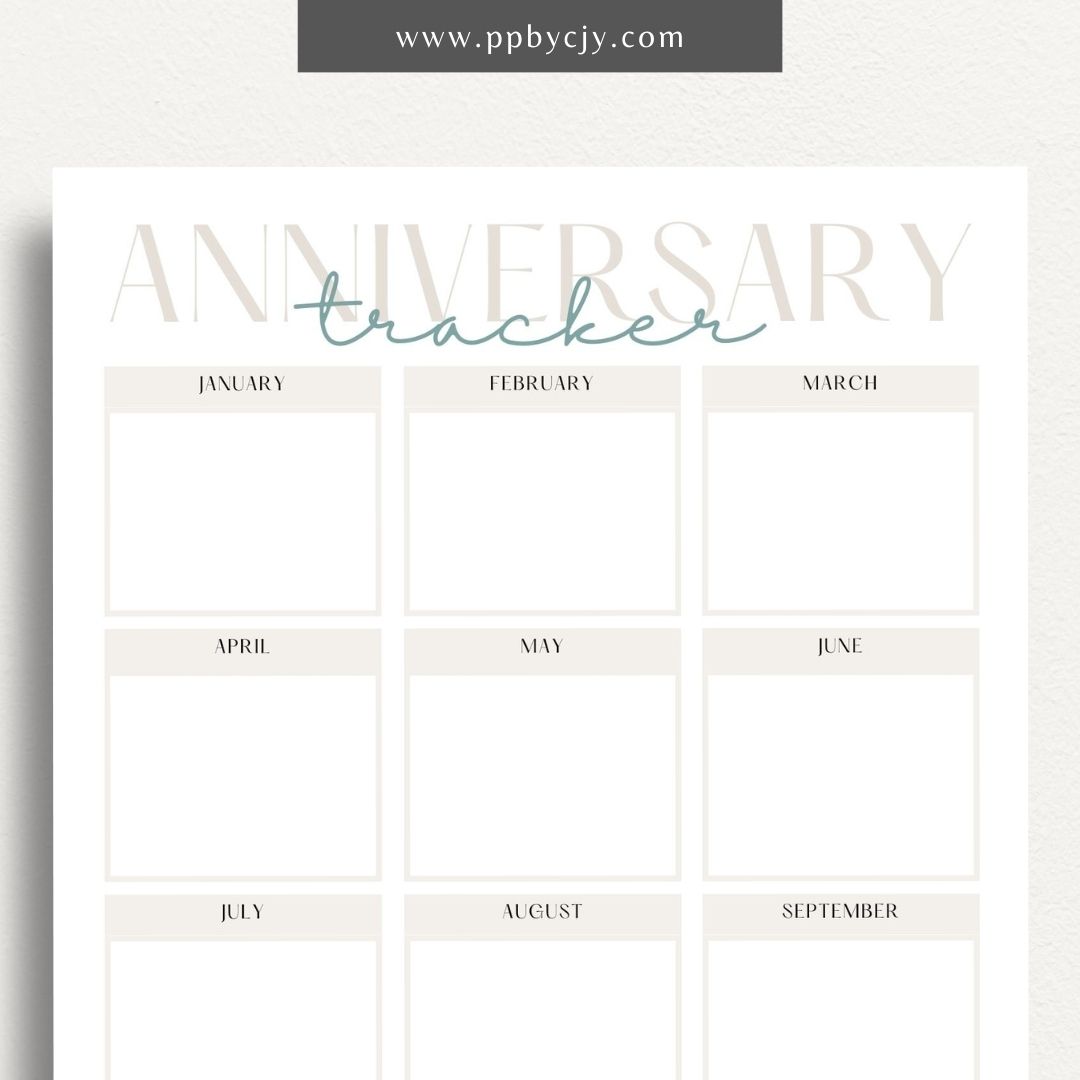 Anniversary Tracker Printable Template – Digital download for recording and remembering important anniversaries, including dates, names, and gift ideas or plans