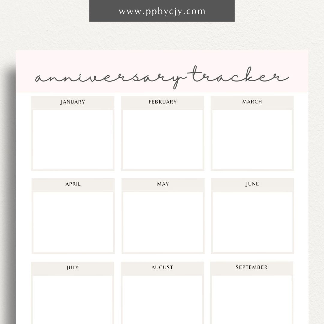 Anniversary Tracker Printable Template – Digital download for recording and remembering important anniversaries, including dates, names, and gift ideas or plans