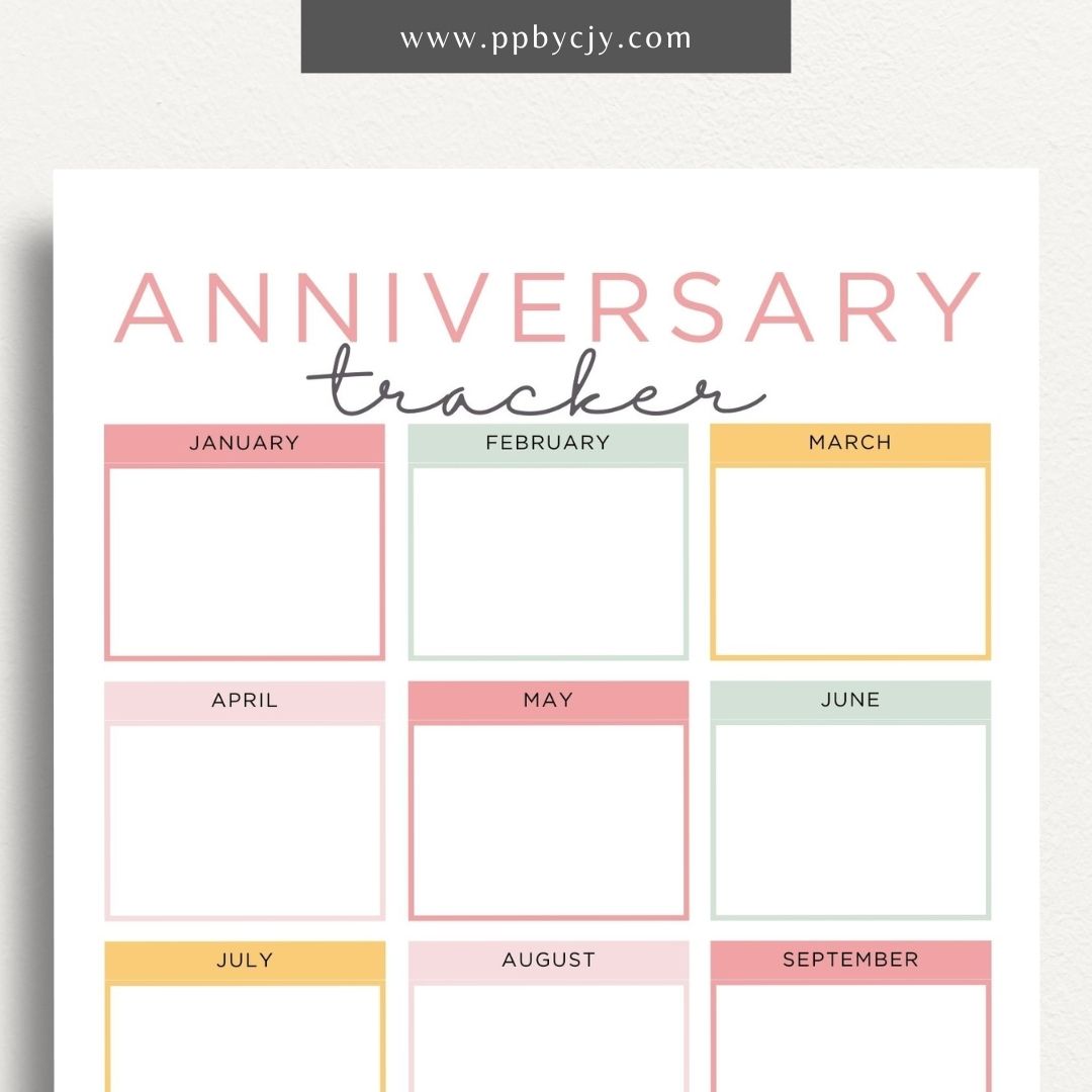 Anniversary Tracker Printable Template – Digital download for recording and remembering important anniversaries, including dates, names, and gift ideas or plans
