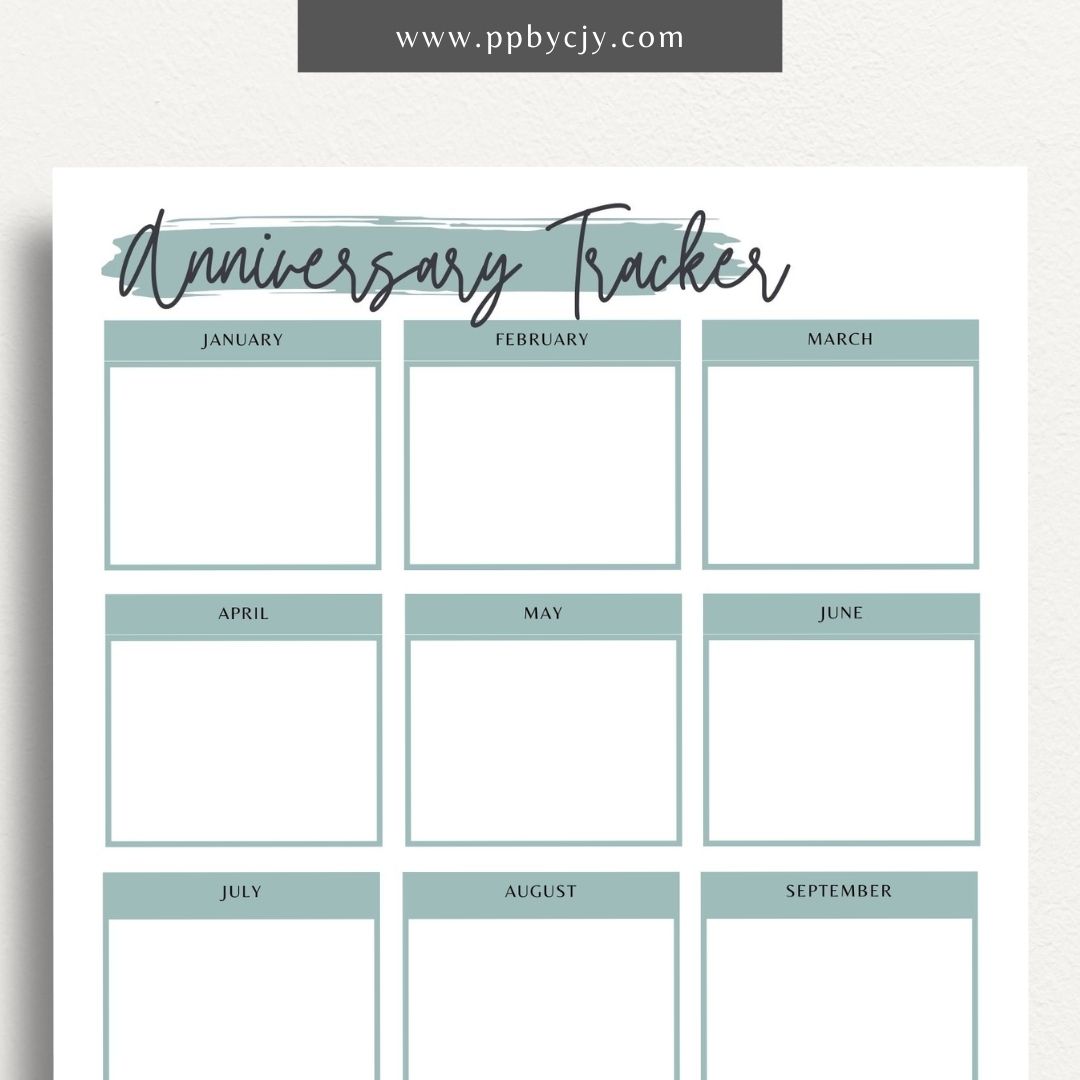 Anniversary Tracker Printable Template – Digital download for recording and remembering important anniversaries, including dates, names, and gift ideas or plans