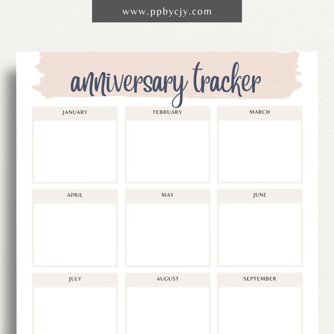 Anniversary Tracker Printable Template – Digital download for recording and remembering important anniversaries, including dates, names, and gift ideas or plans