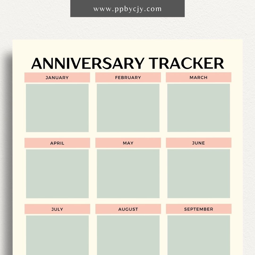 Anniversary Tracker Printable Template – Digital download for recording and remembering important anniversaries, including dates, names, and gift ideas or plans