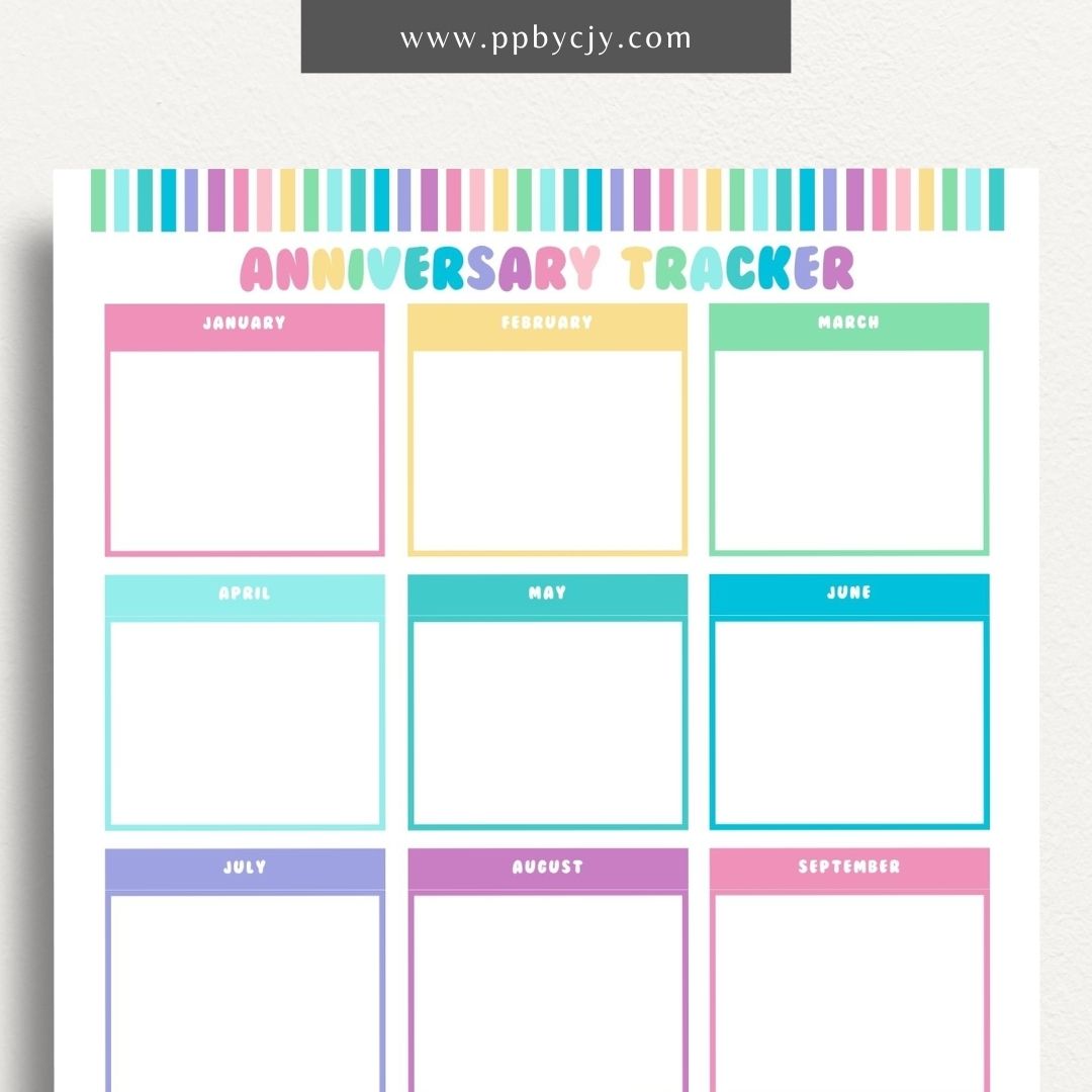 Anniversary Tracker Printable Template – Digital download for recording and remembering important anniversaries, including dates, names, and gift ideas or plans