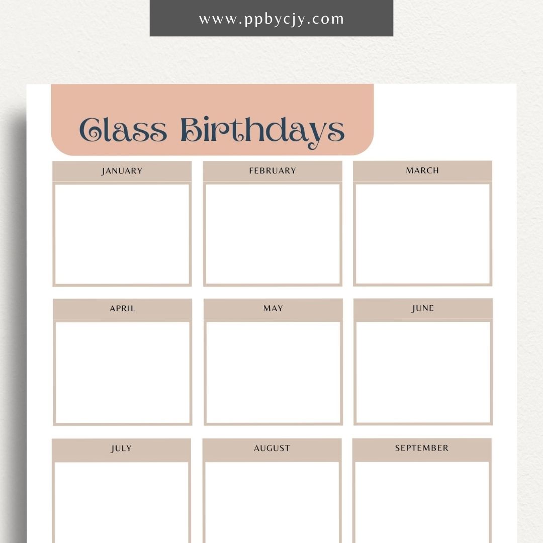 Class Birthday Reminder List Printable Template – Digital Download for Tracking and Remembering Students' Birthdays in Class