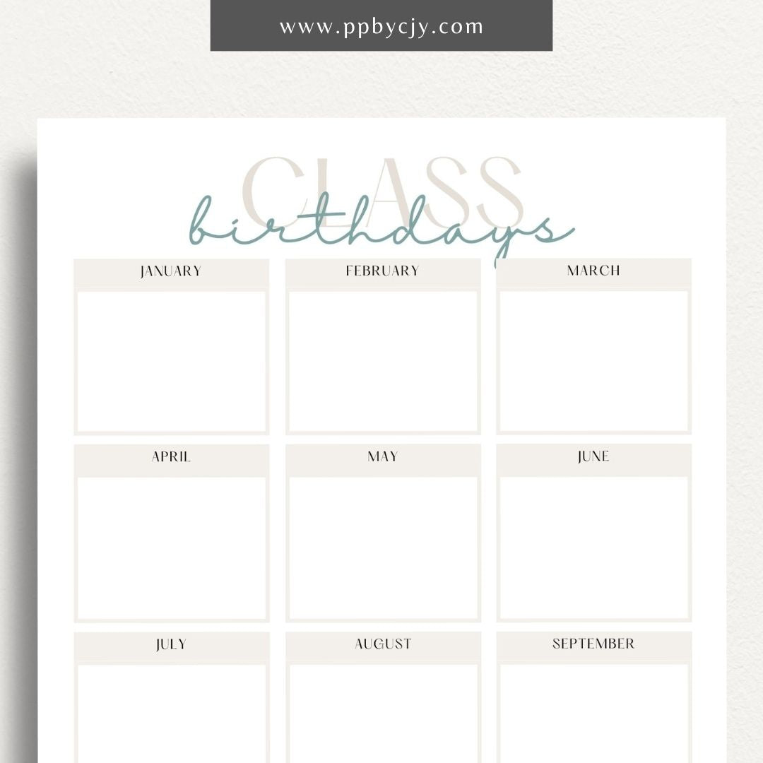 Class Birthday Reminder List Printable Template – Digital Download for Tracking and Remembering Students' Birthdays in Class