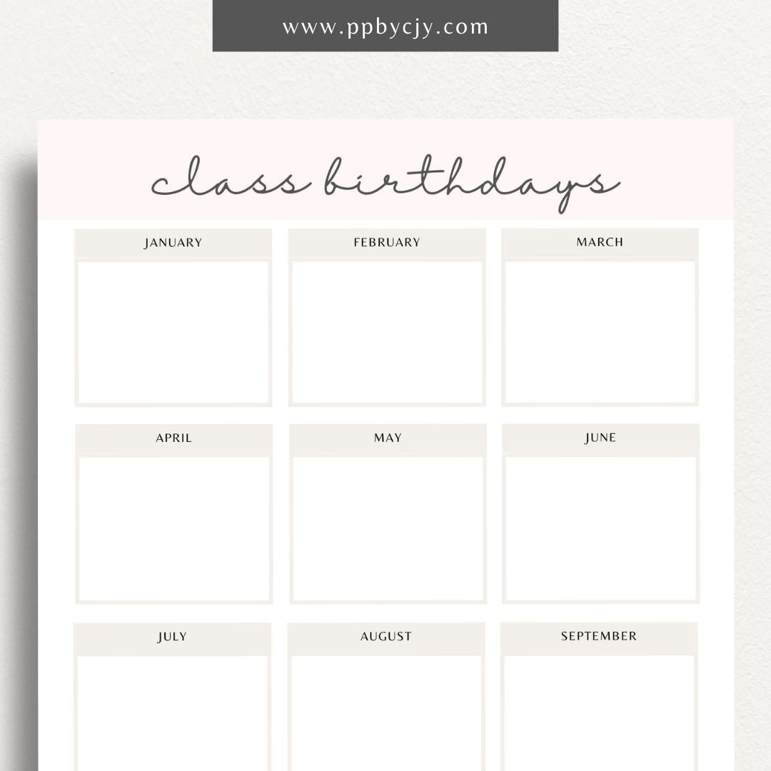 Class Birthday Reminder List Printable Template – Digital Download for Tracking and Remembering Students' Birthdays in Class