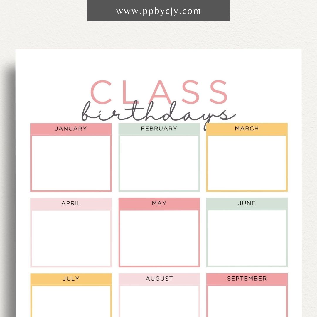 Class Birthday Reminder List Printable Template – Digital Download for Tracking and Remembering Students' Birthdays in Class