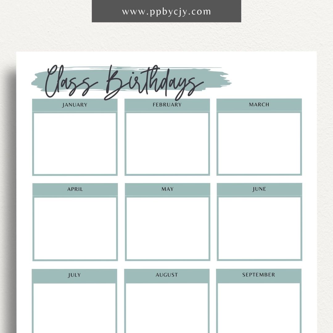 Class Birthday Reminder List Printable Template – Digital Download for Tracking and Remembering Students' Birthdays in Class