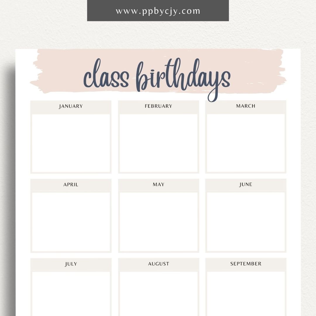 Class Birthday Reminder List Printable Template – Digital Download for Tracking and Remembering Students' Birthdays in Class