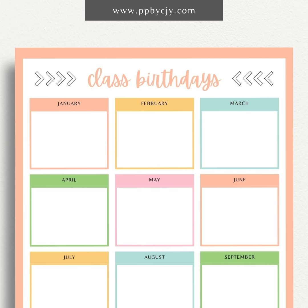 Class Birthday Reminder List Printable Template – Digital Download for Tracking and Remembering Students' Birthdays in Class