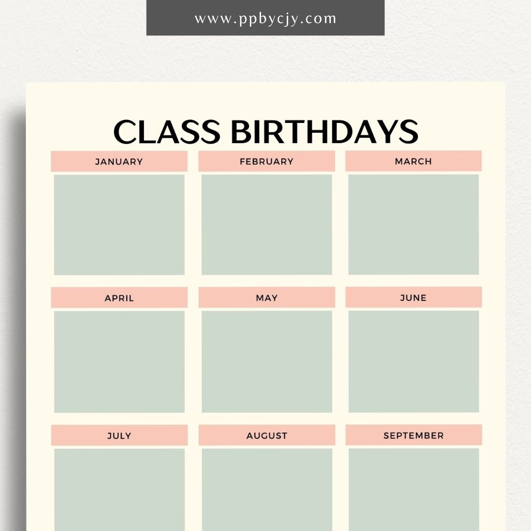 Class Birthday Reminder List Printable Template – Digital Download for Tracking and Remembering Students' Birthdays in Class