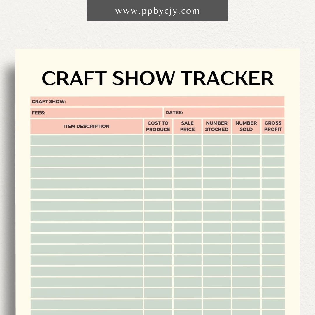 Craft Fair Tracker Printable Template – Digital Download for Organizing and Monitoring Craft Fair Details, Sales, and Inventory