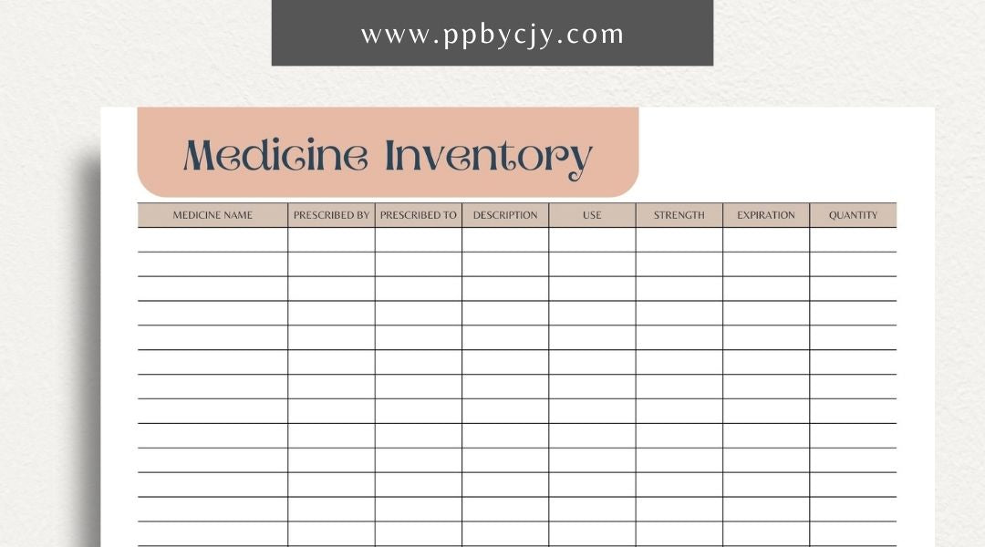 Medicine Cabinet Inventory Printable Template – Digital download for organizing and managing the contents of your medicine cabinet, including medications, first aid supplies, and expiration dates.