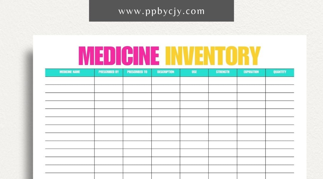 Medicine Cabinet Inventory Printable Template – Digital download for organizing and managing the contents of your medicine cabinet, including medications, first aid supplies, and expiration dates.