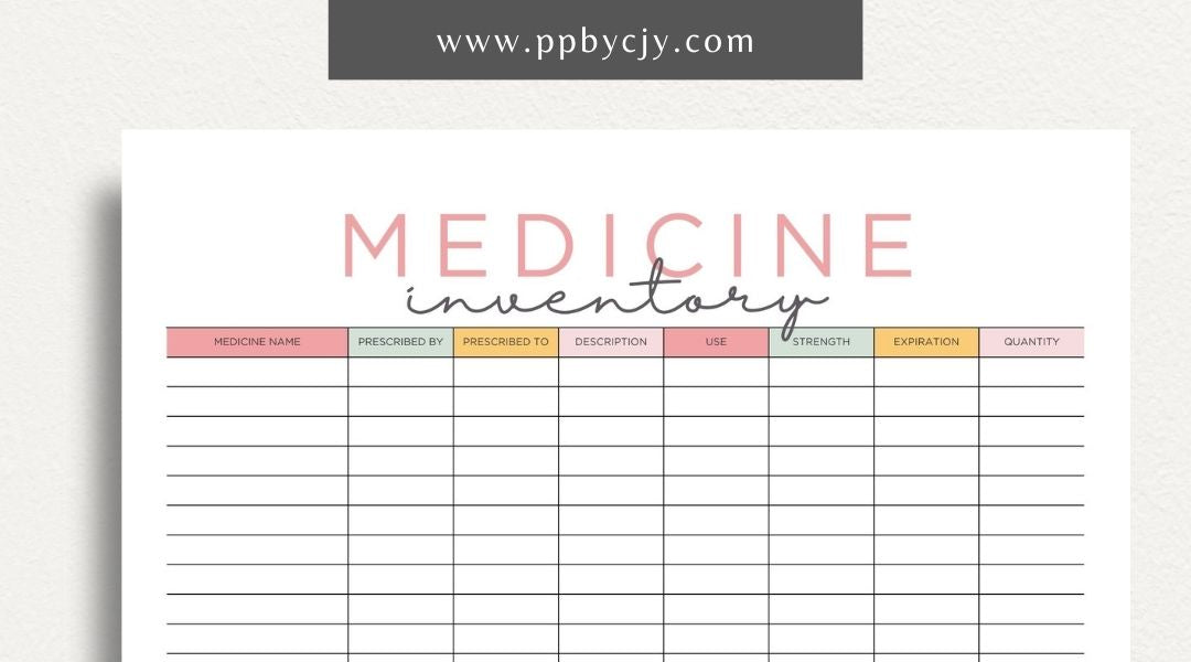 Medicine Cabinet Inventory Printable Template – Digital download for organizing and managing the contents of your medicine cabinet, including medications, first aid supplies, and expiration dates.