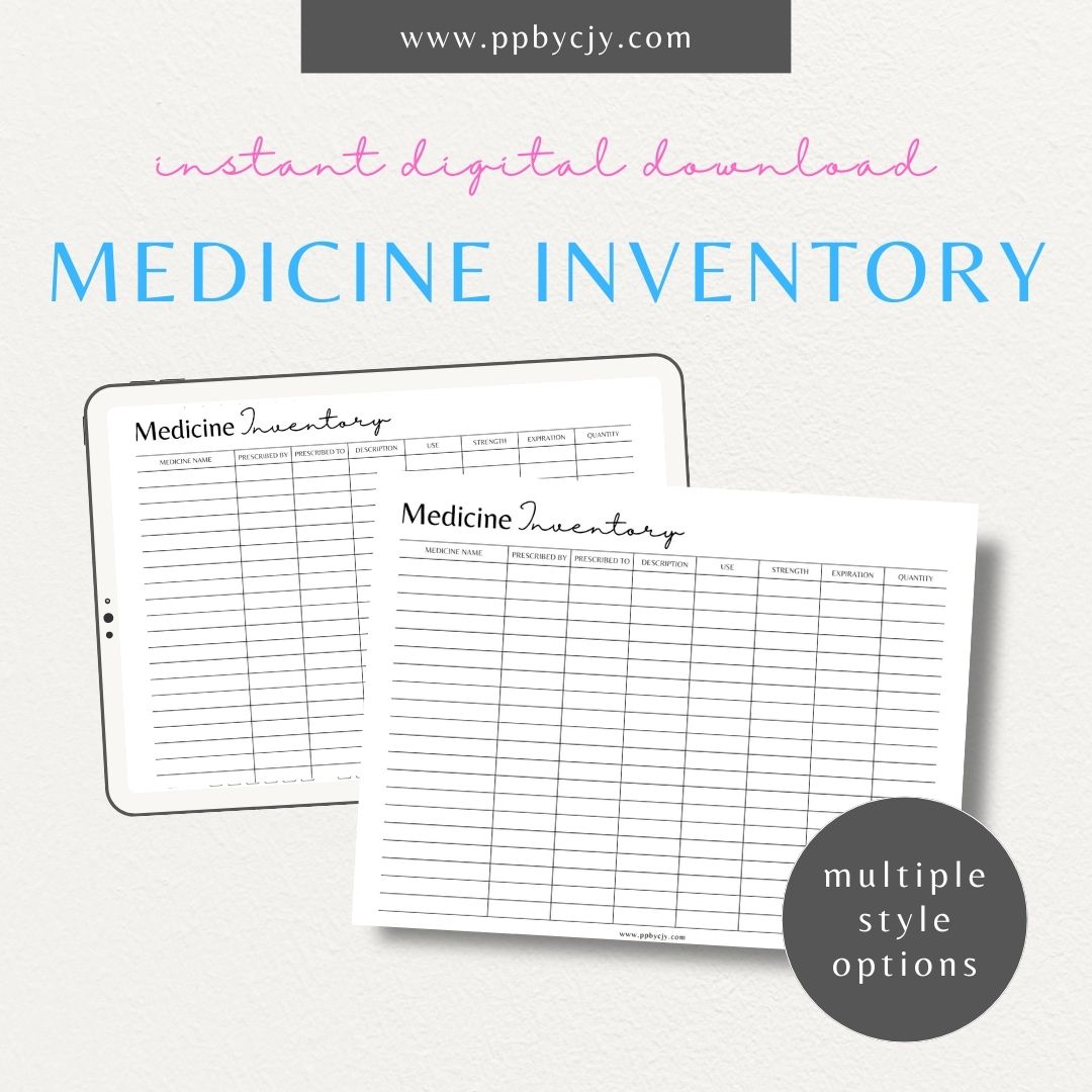 Medicine Cabinet Inventory Printable Template – Digital download for organizing and managing the contents of your medicine cabinet, including medications, first aid supplies, and expiration dates.