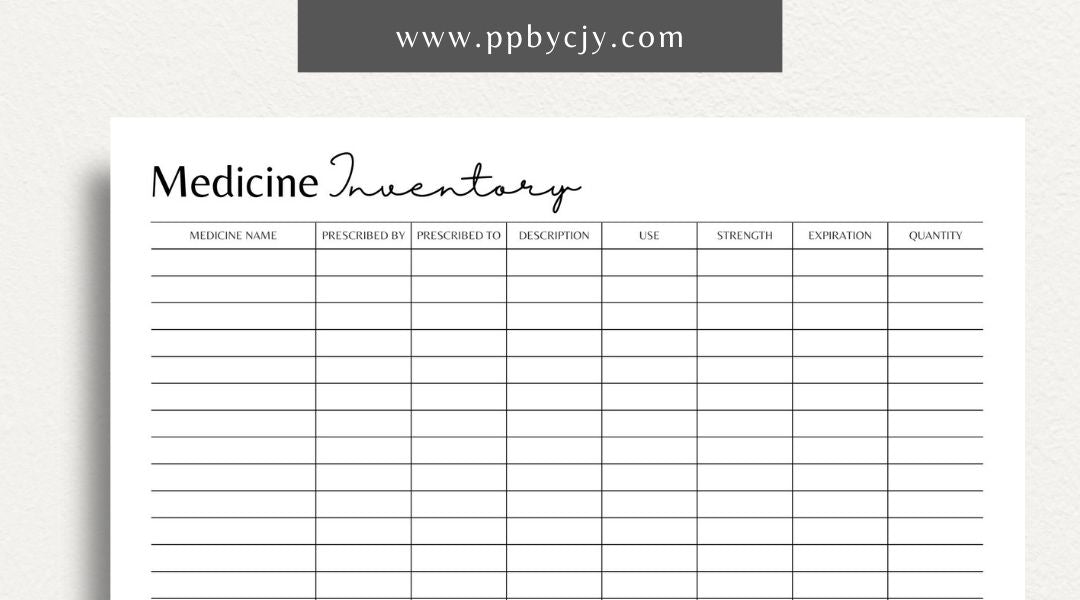 Medicine Cabinet Inventory Printable Template – Digital download for organizing and managing the contents of your medicine cabinet, including medications, first aid supplies, and expiration dates.