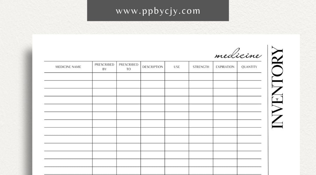 Medicine Cabinet Inventory Printable Template – Digital download for organizing and managing the contents of your medicine cabinet, including medications, first aid supplies, and expiration dates.