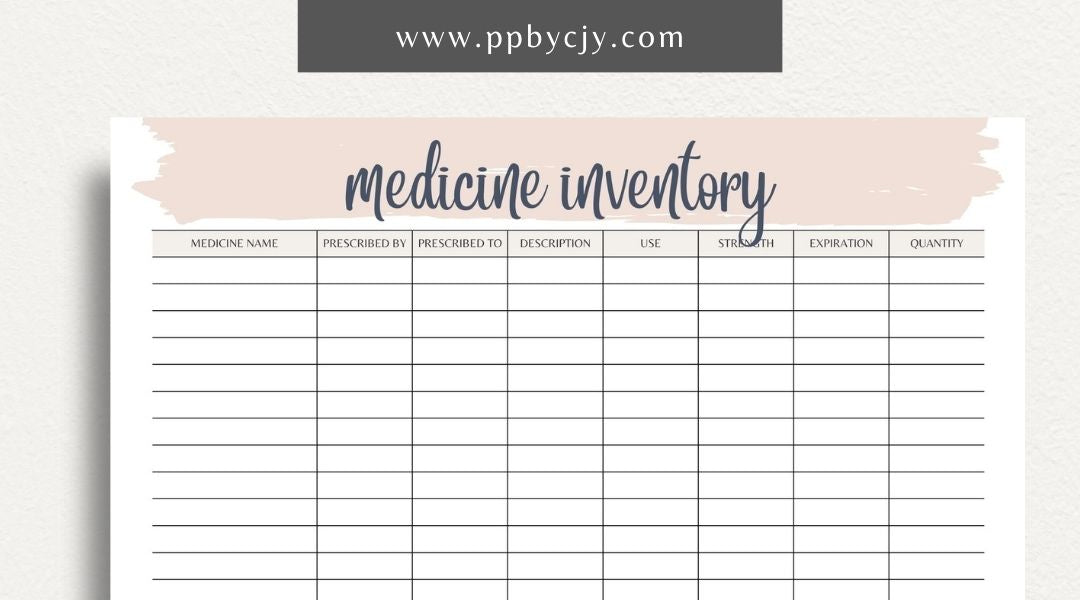 Medicine Cabinet Inventory Printable Template – Digital download for organizing and managing the contents of your medicine cabinet, including medications, first aid supplies, and expiration dates.