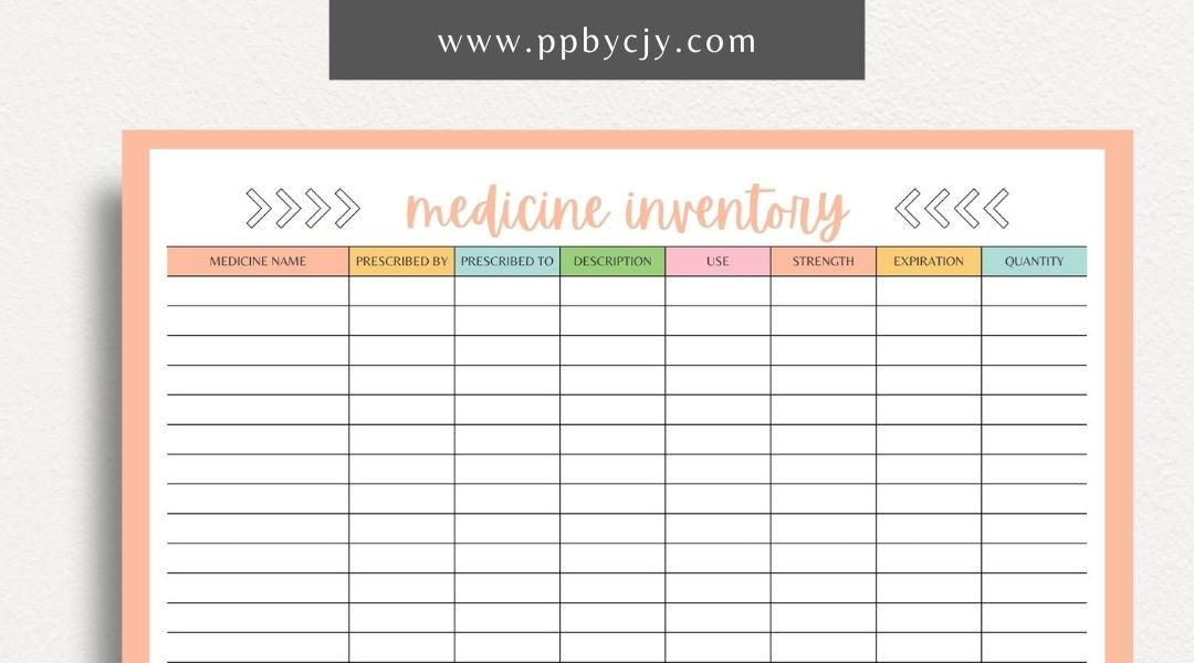 Medicine Cabinet Inventory Printable Template – Digital download for organizing and managing the contents of your medicine cabinet, including medications, first aid supplies, and expiration dates.