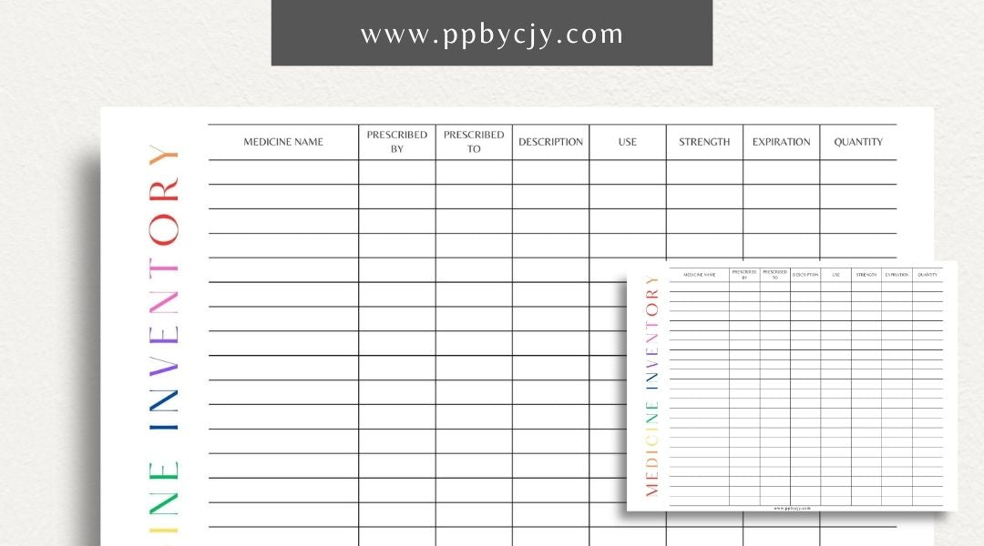 Medicine Cabinet Inventory Printable Template – Digital download for organizing and managing the contents of your medicine cabinet, including medications, first aid supplies, and expiration dates.