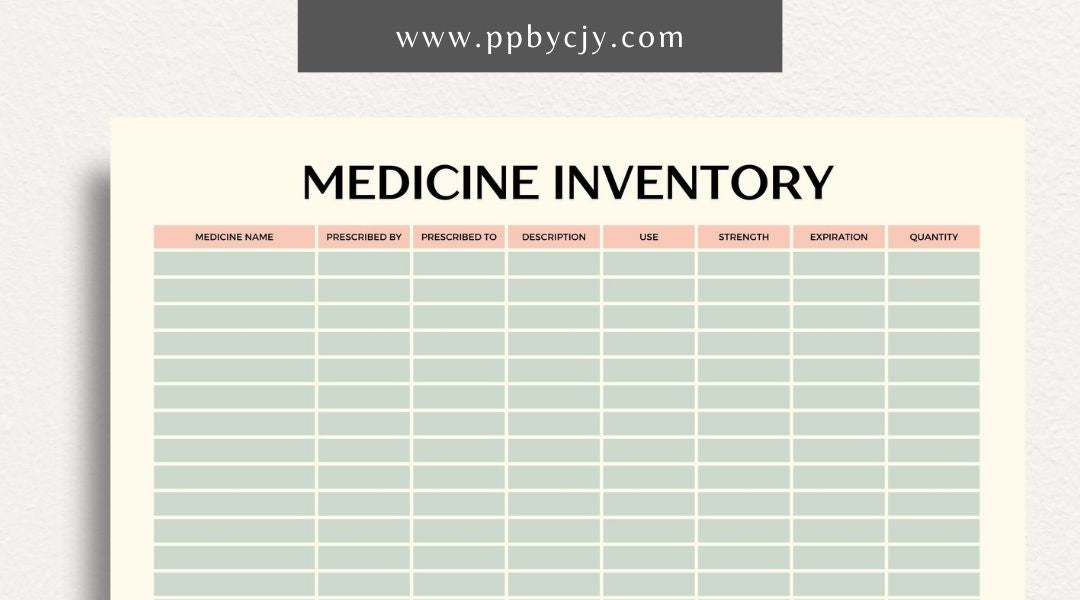 Medicine Cabinet Inventory Printable Template – Digital download for organizing and managing the contents of your medicine cabinet, including medications, first aid supplies, and expiration dates.