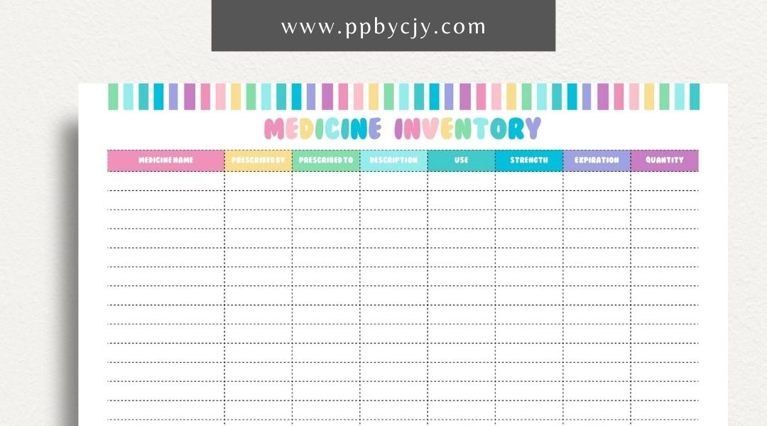 Medicine Cabinet Inventory Printable Template – Digital download for organizing and managing the contents of your medicine cabinet, including medications, first aid supplies, and expiration dates.
