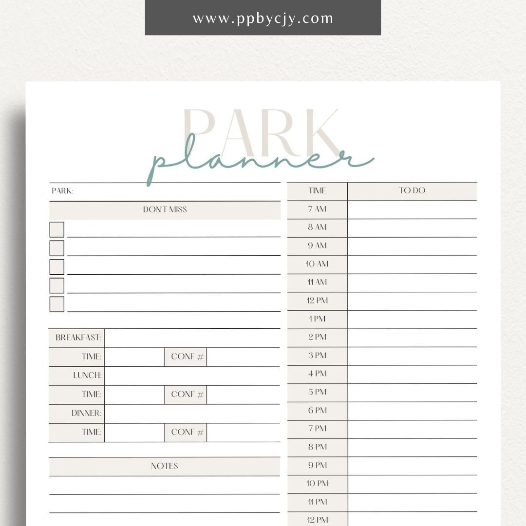 Amusement Park Itinerary Printable Template – Digital Download for Planning and Organizing Your Park Visit