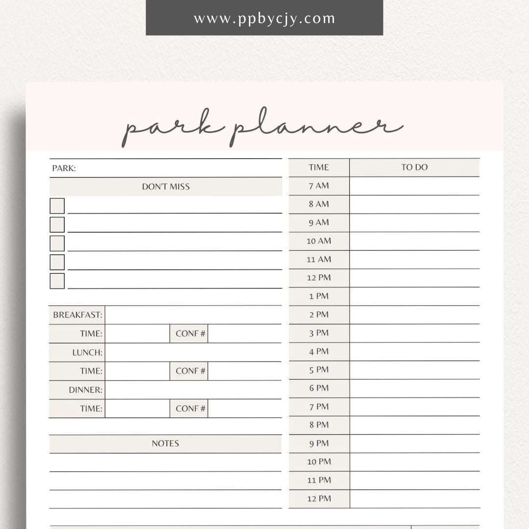 Amusement Park Itinerary Printable Template – Digital Download for Planning and Organizing Your Park Visit