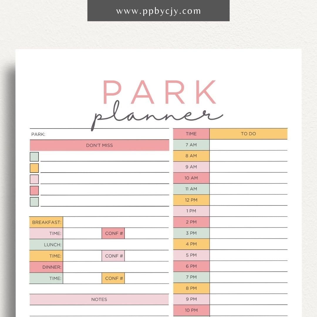 Amusement Park Itinerary Printable Template – Digital Download for Planning and Organizing Your Park Visit