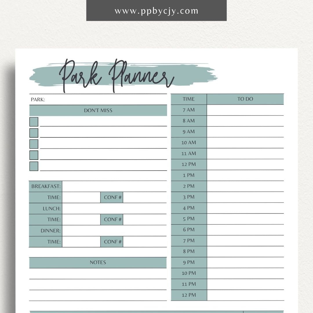 Amusement Park Itinerary Printable Template – Digital Download for Planning and Organizing Your Park Visit