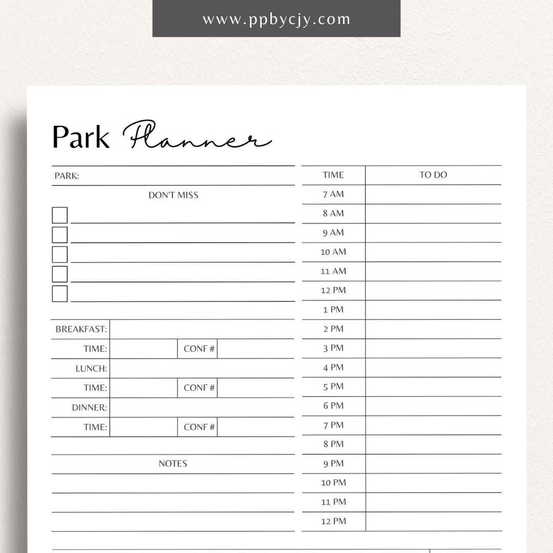 Amusement Park Itinerary Printable Template – Digital Download for Planning and Organizing Your Park Visit