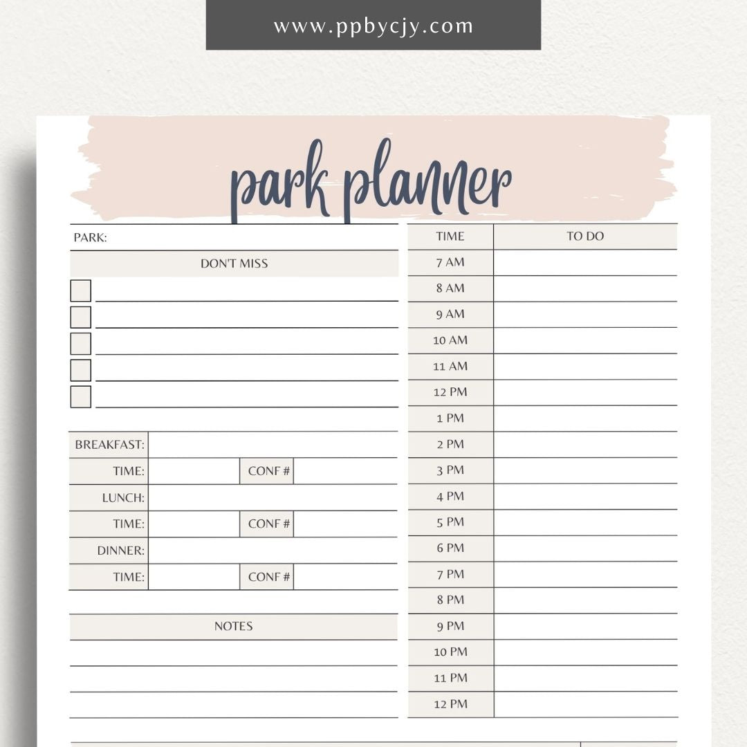Amusement Park Itinerary Printable Template – Digital Download for Planning and Organizing Your Park Visit