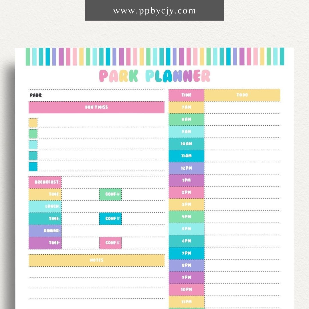 Amusement Park Itinerary Printable Template – Digital Download for Planning and Organizing Your Park Visit