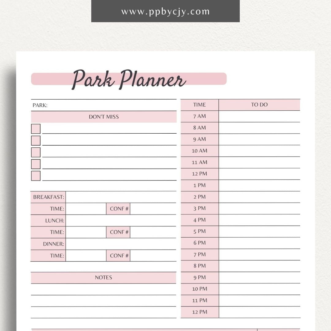 Amusement Park Itinerary Printable Template – Digital Download for Planning and Organizing Your Park Visit