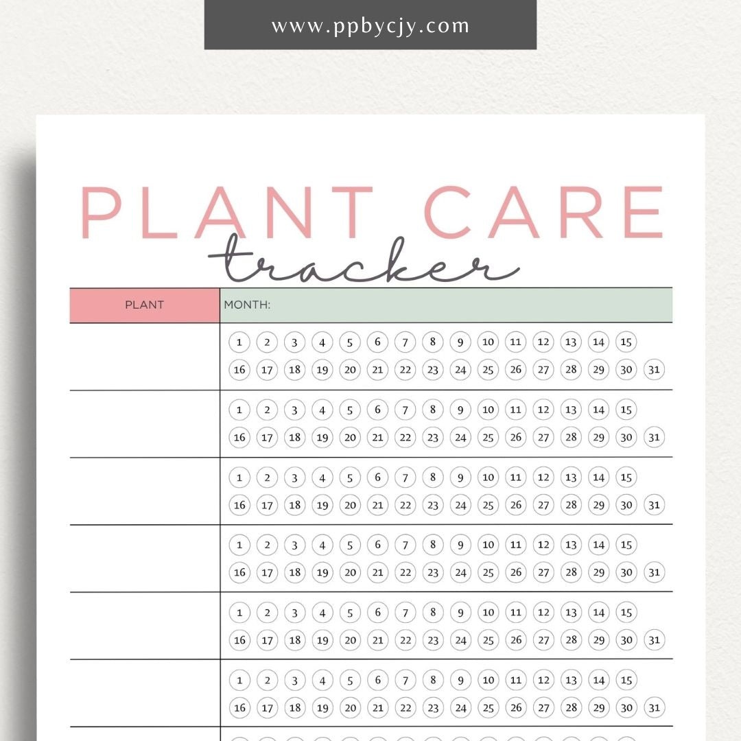 Plant Care Tracker Printable Template – Digital download for monitoring and maintaining the health of your plants